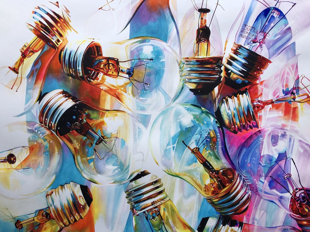 Overlapping light bulbs with vibrant reflections in watercolour