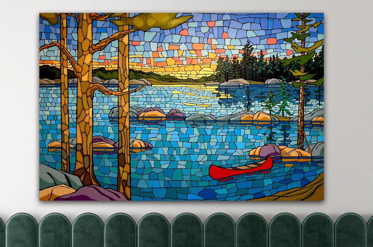 Bright mosaic-like lakeside landscape with a red canoe and trees