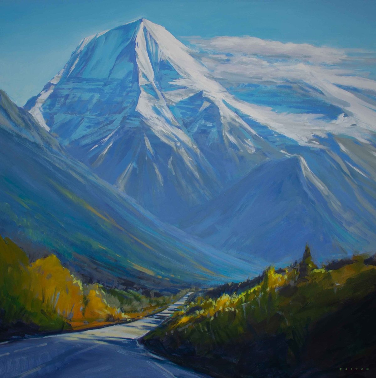 Painting of a towering mountain peak