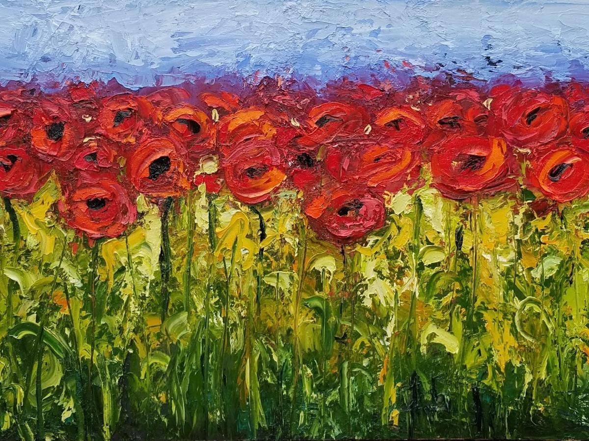 Landscape painting of a field of red poppies