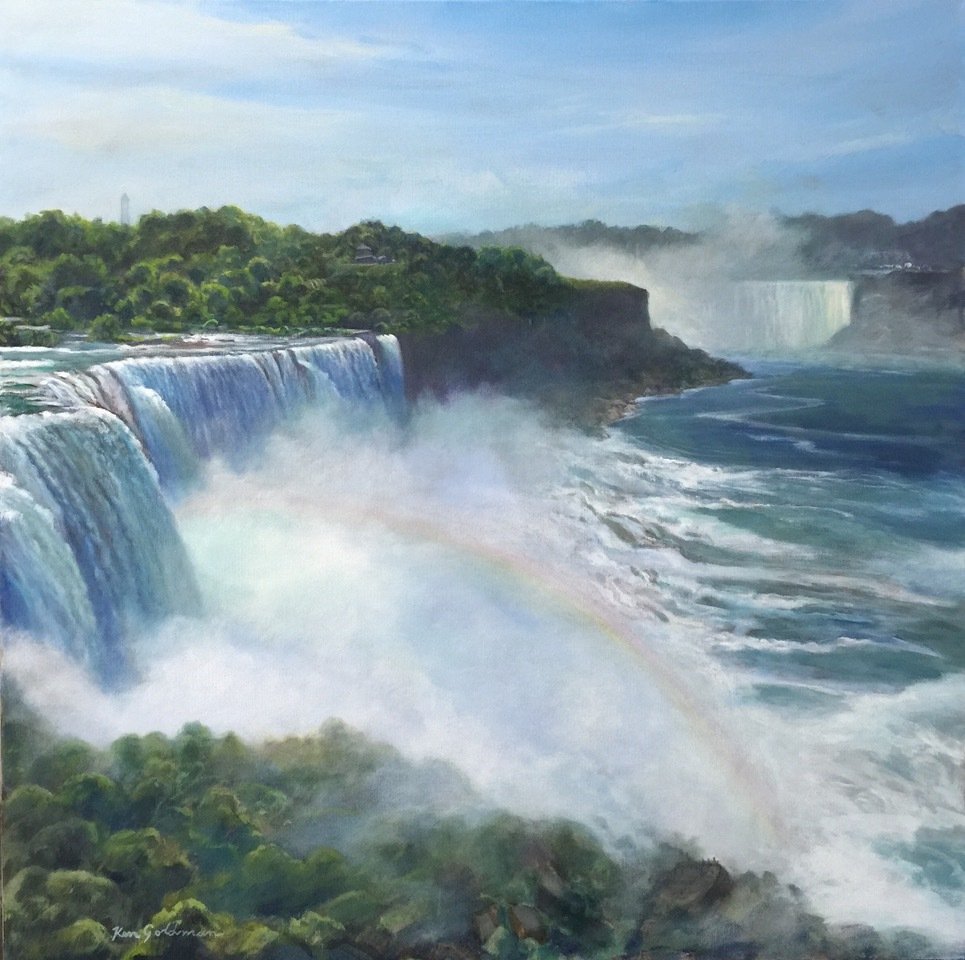 Painting of a waterfall tumbling over rocks