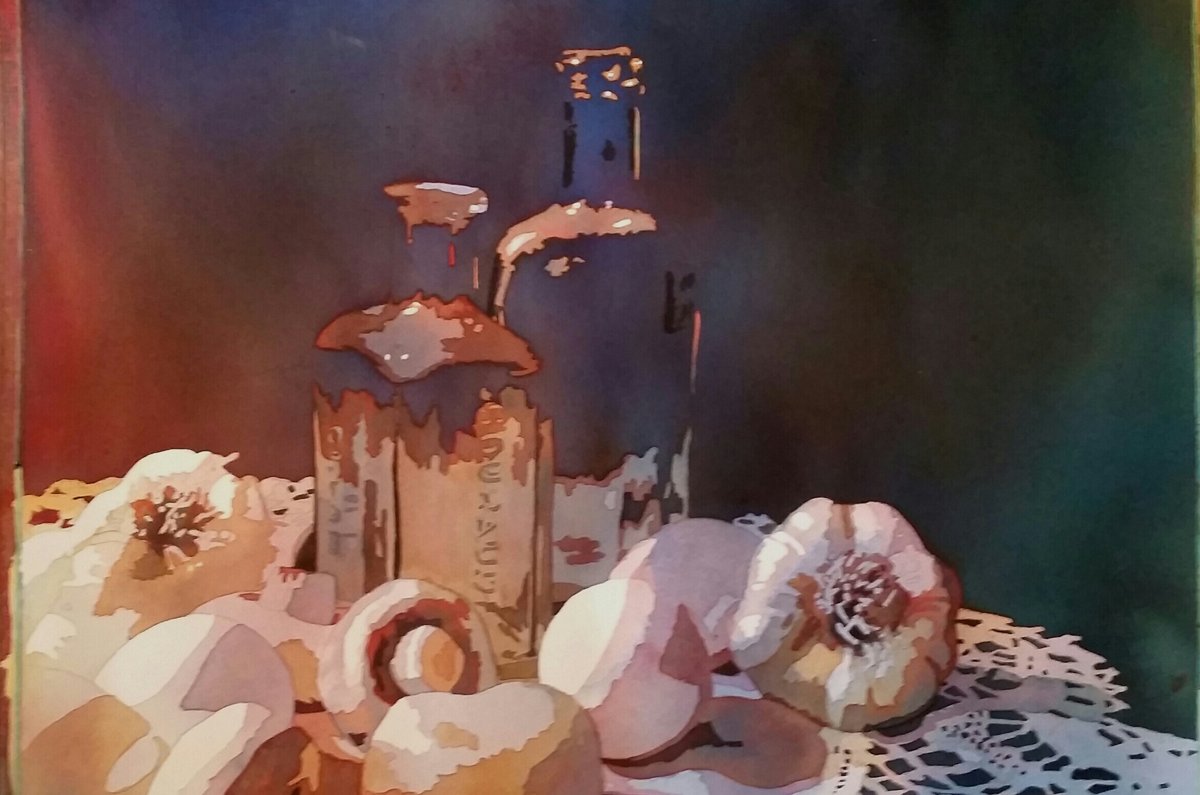 Softly lit still life of pale vessels and shells against a dark background