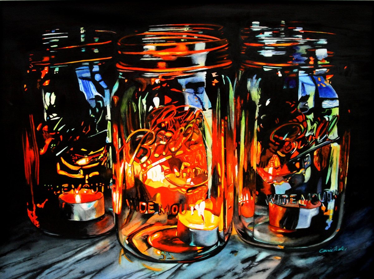 Colourful illuminated glass jars in a watercolour still life