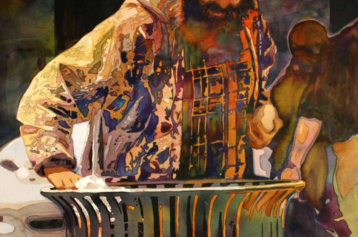Painting of an accordion player in a patterned shirt
